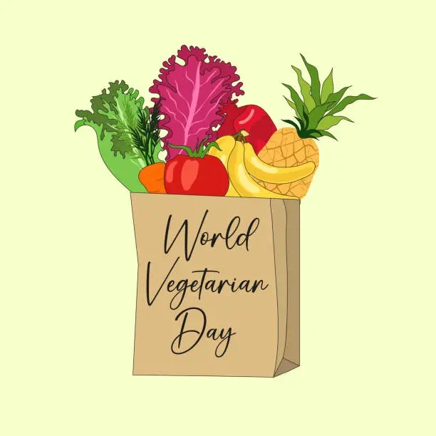 Vector illustration of World vegetarian day. Vegetarian Day Poster, October 1. Package of products.Vegan product label.