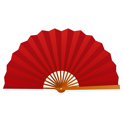 Paper hand fan red folded Asian traditional accessory with bamboo handle vector flat illustration. Oriental beautiful craft decoration fashion souvenir Japanese culture air cooling wind vintage blower