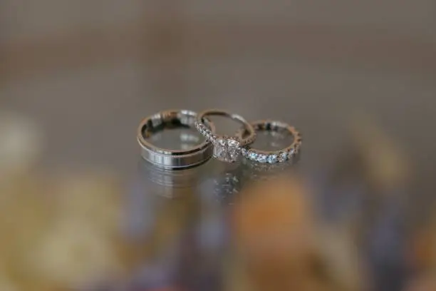 A closeup of wedding rings on a vibrant display, AI-generated.