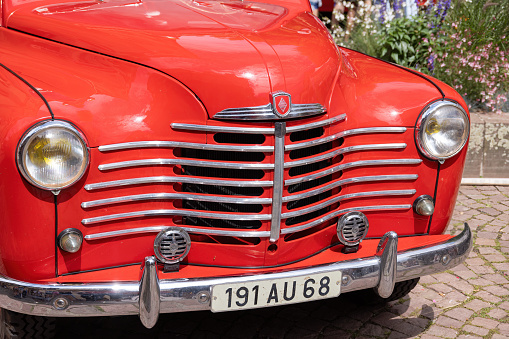 Kaysersberg, France 2023 August 15 : historic old red Renault fire truck in Kayssersberg
