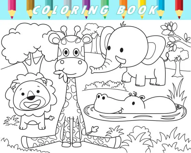 Vector illustration of Coloring book of funny animals in forest. Vector cartoon illustration