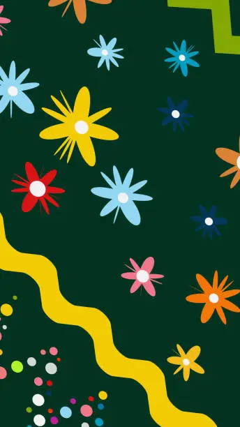 Vector illustration of Abstract green pattern Flowers dots wavy lines Orange and pink highlights 16:9 HD aspect ratio