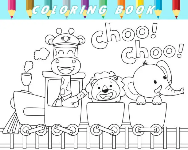 Vector illustration of Coloring book of cute animals on steam train. Vector cartoon illustration