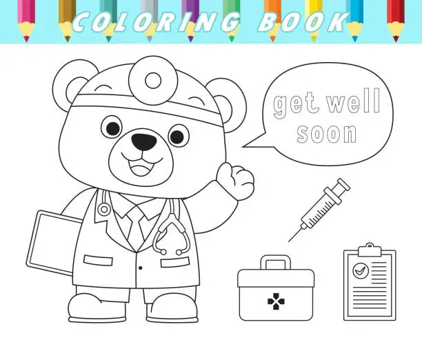 Vector illustration of Coloring book of cute bear doctor with paramedic element. Vector cartoon illustration
