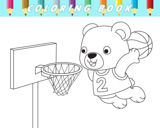 Vector illustration of Coloring book of cute bear playing basketball. Vector cartoon illustration