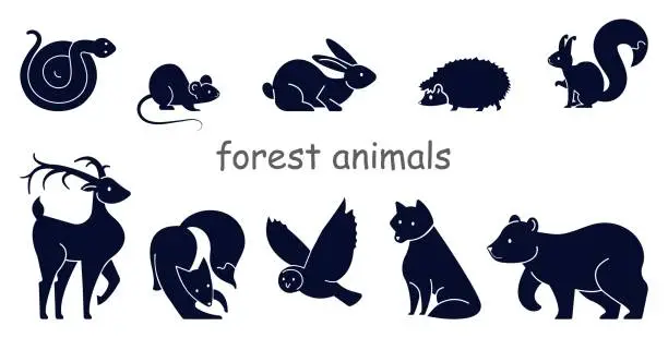 Vector illustration of Forest animals. Black and white logo set.