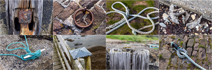 Eight images of ropes, rusty rings old wood and shells.