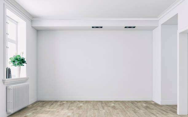 Empty retro white room with moldings and windows on a side stock photo