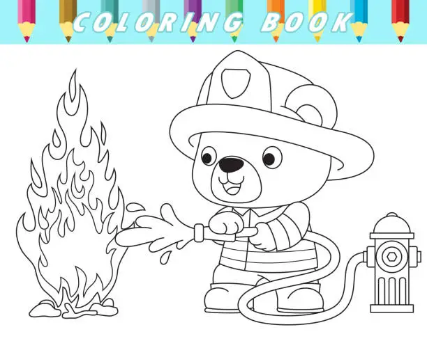 Vector illustration of Coloring book of cute teddy bear in fireman costume extinguish flame with fire hose. Vector cartoon illustration