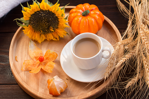 Autumn breakfast with a cup of coffee in autumn colors. Ripe harvest sunflower, ripe ears and yellow pumpkin