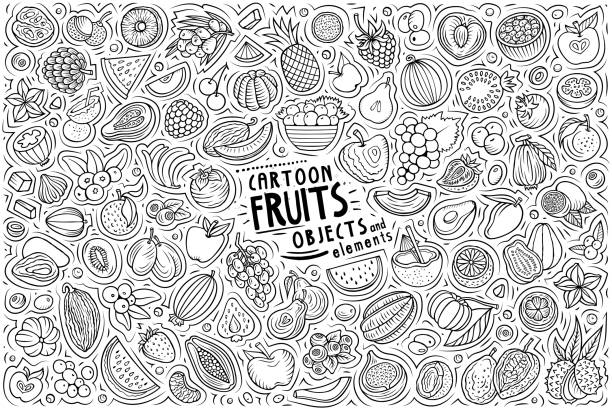 ilustraciones, imágenes clip art, dibujos animados e iconos de stock de cartoon fresh fruits objetos y símbolos doodle set - plum grape fruit clip art