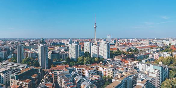 Aerial view of downtown East side of Berlin with television tower in Mitte district, Germany