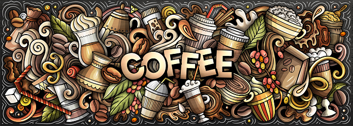 Cartoon vector Coffee doodle illustration features a variety of Coffeehouse objects and symbols. Bright colors whimsical funny picture.