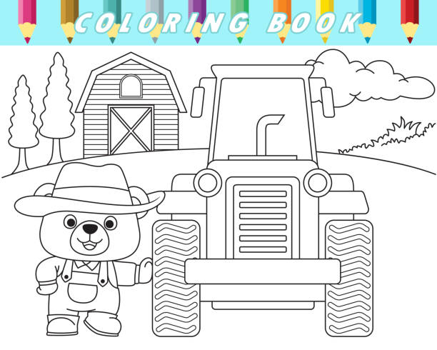 Coloring book of cute teddy bear with tractor on farm field background. Vector cartoon illustration This illustration suitable for your business purpose or personal use. The illustration is vector-based. They are fully editable and scalable without losing resolution ursus tractor stock illustrations