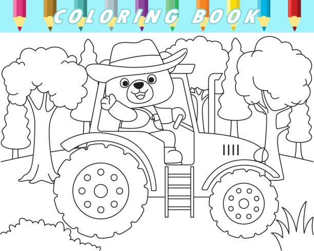 Coloring book of cute teddy bear driving tractor on trees background. Vector cartoon illustration This illustration suitable for your business purpose or personal use. The illustration is vector-based. They are fully editable and scalable without losing resolution ursus tractor stock illustrations