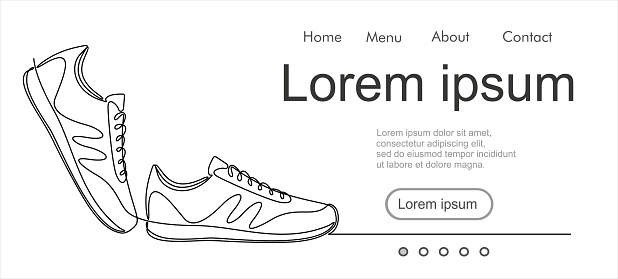 Vector illustration of sneakers. Sports shoes in a line style. Continuous one line.  Can used for logo, emblem, slide show and banner. Illustration with quote template.
