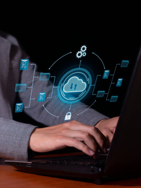 istock Vertical photo of a Man uses cloud computing on his computer to transmit, store and backup important data and information. 1690772189