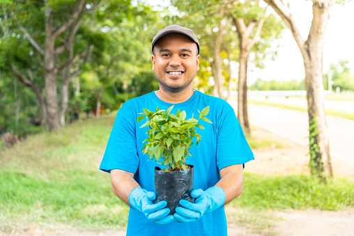 Volunteering, Protection of environment and nature ecology concept Happy asian man of volunteers wearing blue t-shirt and holding green plant. He smiling and looking at camera.
