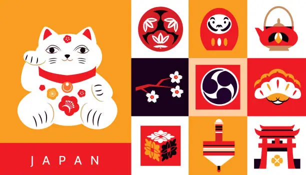 Vector illustration of Japanese toys. National cultural lucky items, asian fortune symbols,