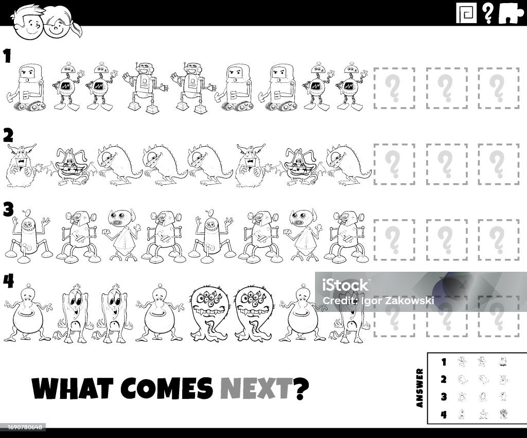 Pattern Game With Cartoon Characters Coloring Page Stock Illustration ...