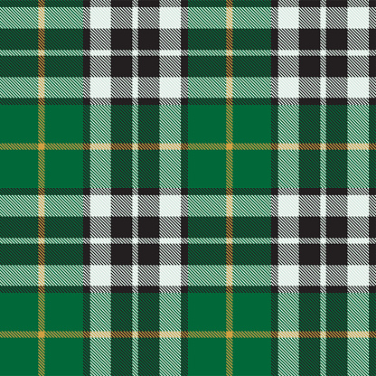 Green and yellow Scottish tartan plaid pattern, fabric swatch close-up.