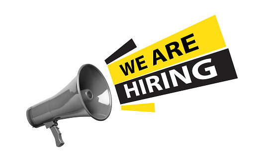 We Are Hiring. Announcement message with megaphone on white background.