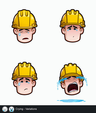 Icon set of a construction worker face with Crying emotional expression variations. All elements neatly on well described layers and groups.