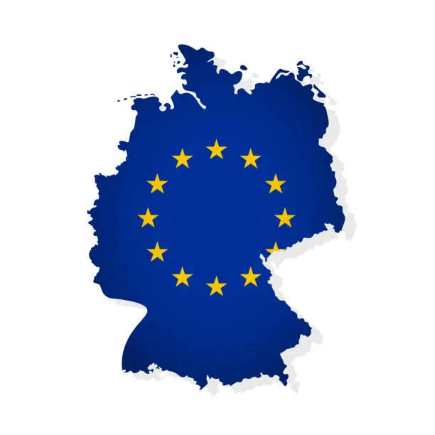 Vector illustration of Vector illustration with isolated map of member of European Union - Germany. Art decorated by the EU flag with gold stars on dark blue background. Modern design