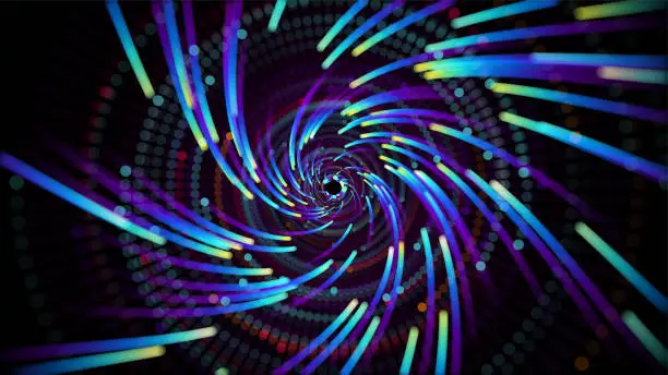 Vector illustration of Luminous particles fly in a whirlpool or vortex in a digital tunnel. Visualization of large data streams.