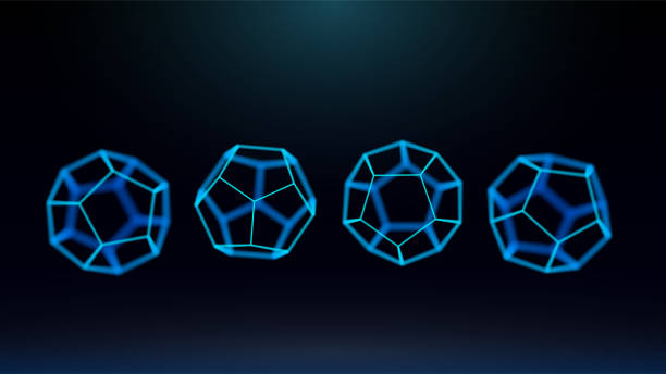 4 dodecahedrons with edges from different angles of view. Depth of field. Visualization of gems or geometric shapes 4 figures of Platonic solids of dodecahedrons. The edges of the figures are shown, made up of dots merging into a line, a realistic view of the depth of field. Cool colors platonic solids stock illustrations