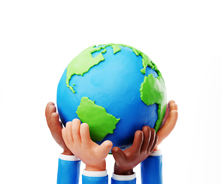 Earth Day, eco friendly concept. Sustain earth concept: Human plasticine stylised hands holding Earth isolated on white background. World environment day background. Make every day Earth day, save our planet. 3d render