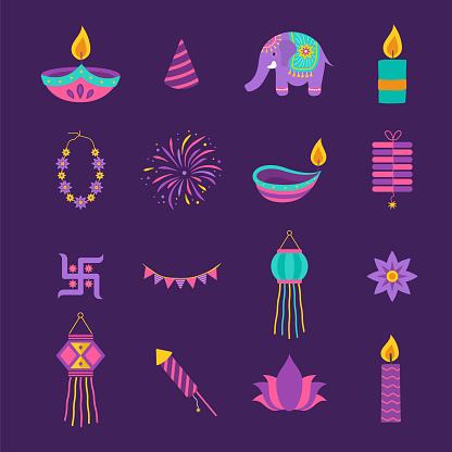 Diwali elements. Indian festival of lights icon set. Colorful deepavali signs on purple background. Vector illustration in flat cartoon style.