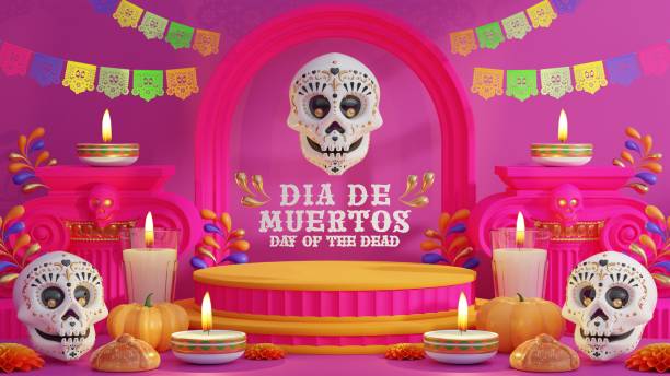 istock 3d rendering illustration for Day of the Dead, Dia de muertos altar concept. Composition of cute sugar skulls, white candles, marigold flowers of the dead. 3d illustration. 1690814932