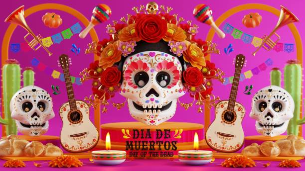 istock 3d rendering illustration for Day of the Dead, Dia de muertos altar concept. Composition of cute sugar skulls, white candles, marigold flowers of the dead. 3d illustration. 1690814937