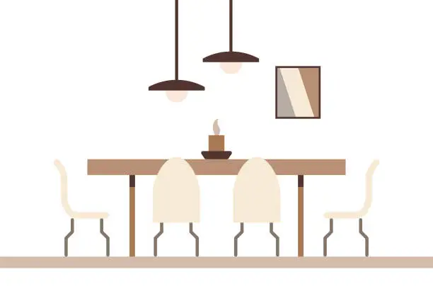 Vector illustration of Dining table in the kitchen with chairs, a candle on the table, a poster on the wall and modern lamps in lampshades. Flat interior