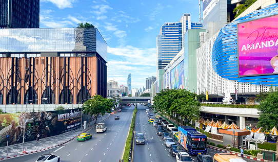 Thailand-May-21: View of Building and sky at Patunwan road on May 21,2023 at Patumwan-Sukhumvit intersection in Bangkok,Thailand