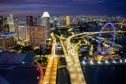 Marina Bay, Singapore - September 3, 2022 : Aerial View Of Avenue And Buildings In Singapore Central Area At Night.