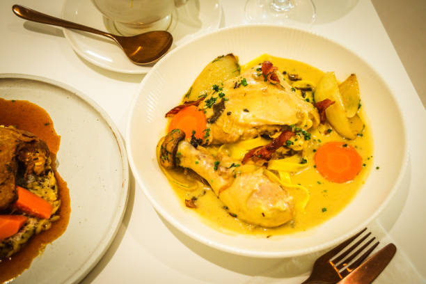 istock Chicken Vin Blanc Free range chicken leg, tarragon, maitake mushroom, egg pasta 1690829651