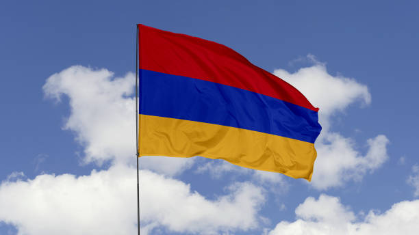 armenia flag is waving against in the sky. - ermeni bayrağı stok fotoğraflar ve resimler