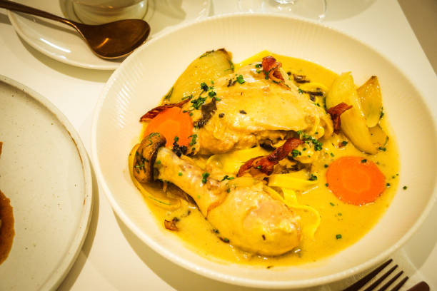 istock Chicken Vin Blanc Free range chicken leg, tarragon, maitake mushroom, egg pasta 1690840303