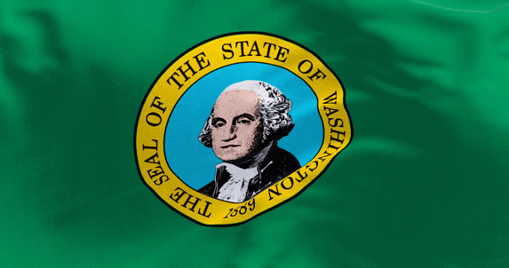 Close-up of Washington state flag waving in the wind. dark green field with a seal showing the picture of George Washington in the middle. 3d illustration render. Rippling fabric. Textured background
