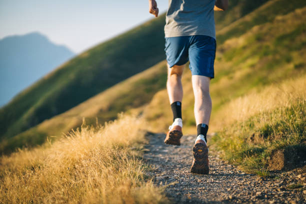 istock Trail runner bounds along mountain trail 1690856534