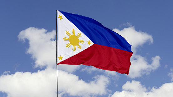 3d illustration flag of Philippines. Philippines flag isolated on the blue sky.