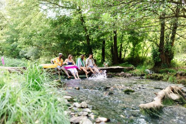istock Lovely friends having fun while sitting on a wooden bridge 1690859329