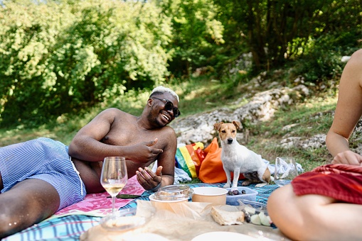 Smiling black man enjoying with his dog on a picnic