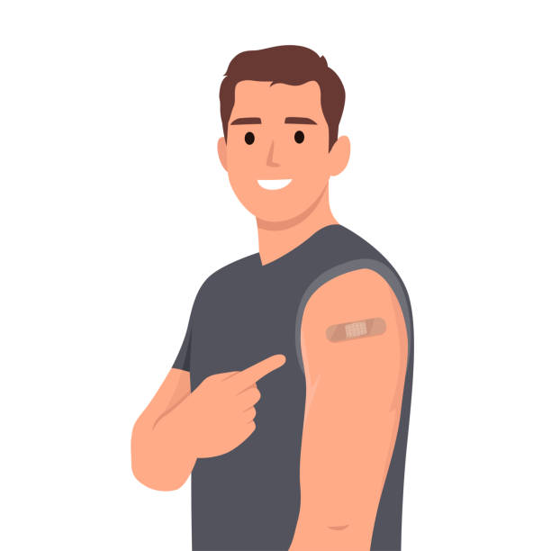 Man showing his arm with band aid after vaccine. Man vaccinated. Man showing his arm with band aid after vaccine. Man vaccinated. Flat vector illustration isolated on white background bandage arm stock illustrations