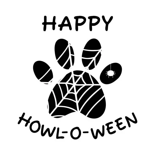 Vector illustration of HAPPY HOWL-O-WEEN. Dog paw with spider web. Happy Halloween. Paws prints dog. Love dogs. Fall, autumn, Thanksgiving, Halloween element for design.Isolated on white background.