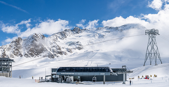Kaunertal, GLACIER, AUSTRIA - March, 20 2023; Panorama of the Kaunertal Glacier in Austria and view of the ski gondola lift.