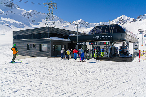 Kaunertal, GLACIER, AUSTRIA - March, 20 2023; Panorama of the Kaunertal Glacier in Austria and view of the ski gondola lift.