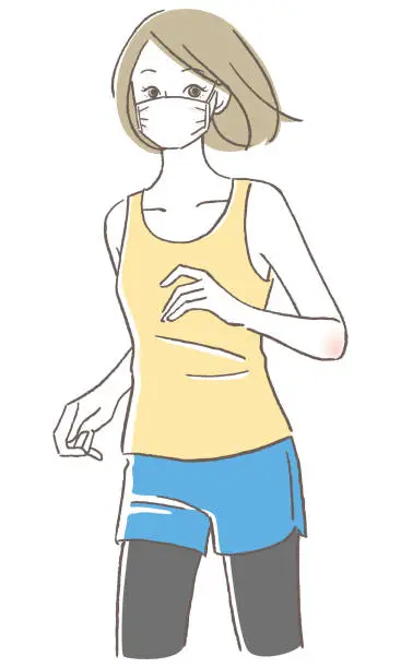 Vector illustration of A woman running wearing a mask